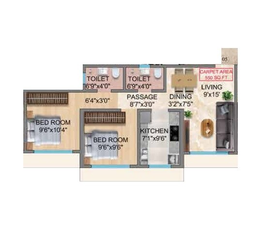 Floor plan of 2 BHK 550 Sq. Ft. Apartment in Trishika Skye 175, Mumbai