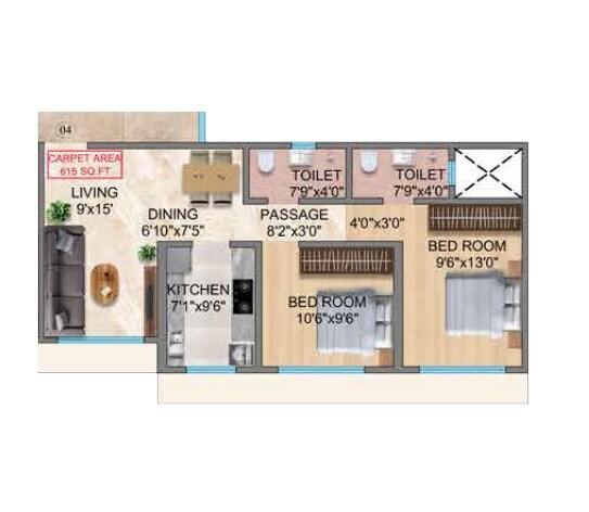 Floor plan of 2 BHK 615 Sq. Ft. Apartment in Trishika Skye 175, Mumbai