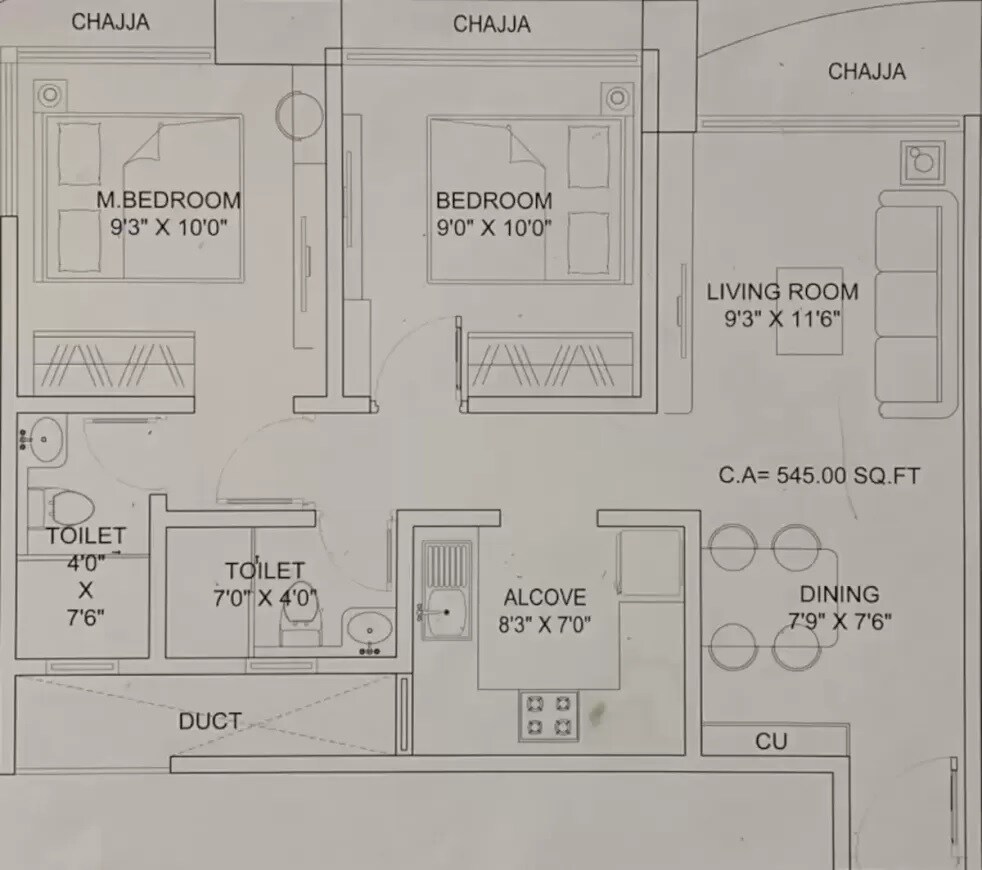 Floor plan of 2 BHK 545 Sq. Ft. Apartment in Triumph Omkareshwar CHS, Mumbai