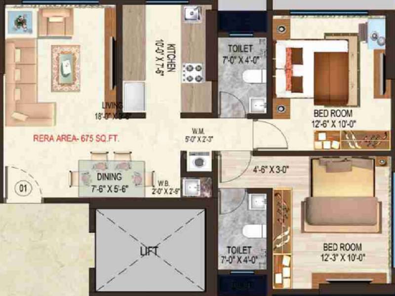 Floor plan of 2 BHK 675 Sq. Ft. Apartment in Triumph Swastik, Mumbai