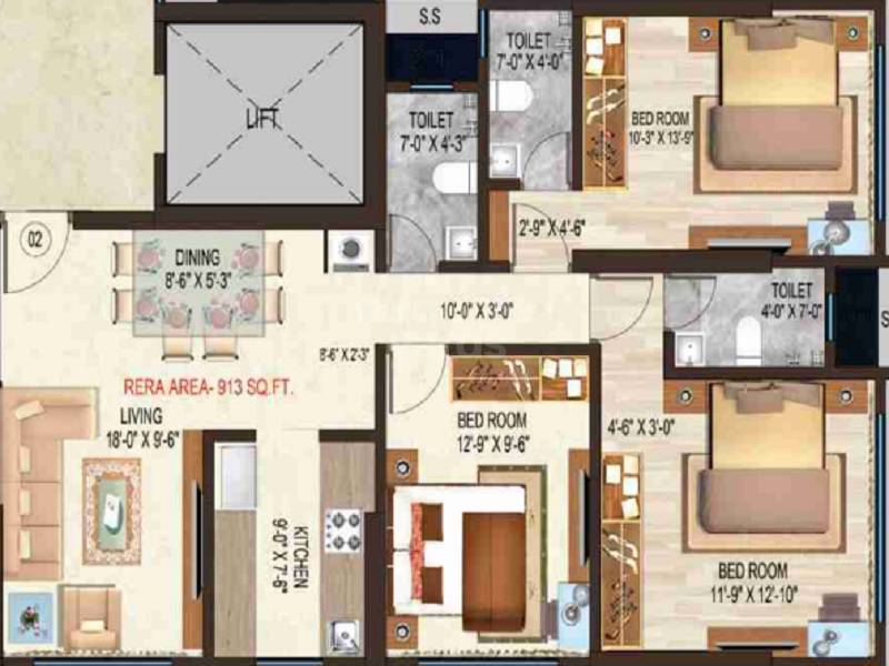 Floor plan of 3 BHK 913 Sq. Ft. Apartment in Triumph Swastik, Mumbai