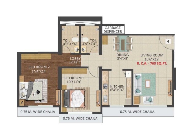 Floor plan of 2 BHK 765 Sq. Ft. Apartment in Triumph Tower, Mumbai