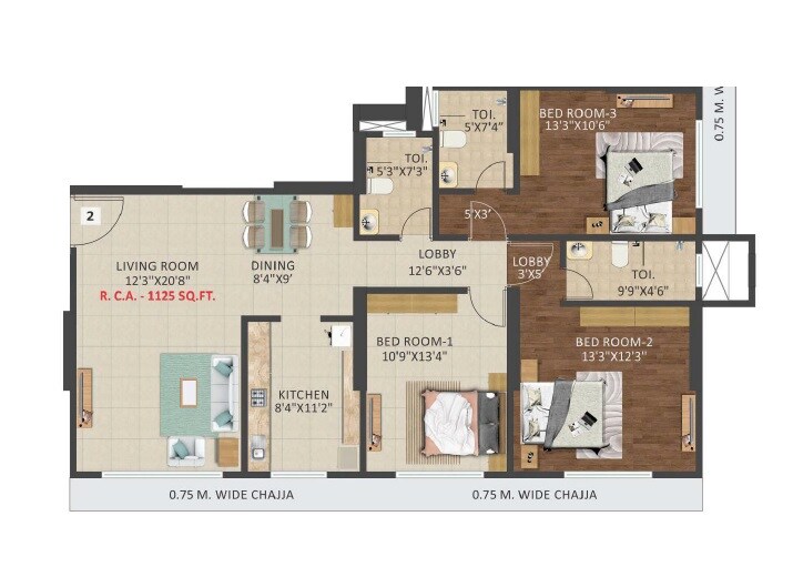 Floor plan of 3 BHK 1125 Sq. Ft. Apartment in Triumph Tower, Mumbai