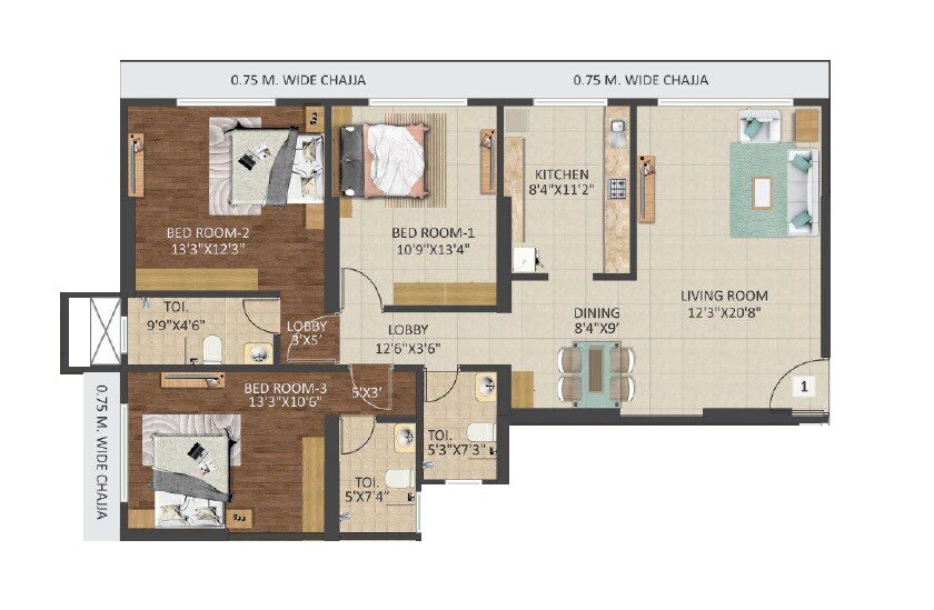 Floor plan of 3 BHK 1168 Sq. Ft. Apartment in Triumph Tower, Mumbai