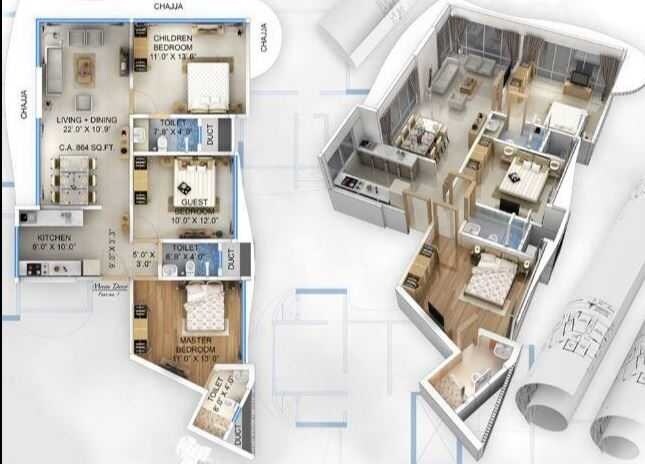 Floor plan of 3 BHK 784 Sq. Ft. Apartment in Triveni Contour, Mumbai