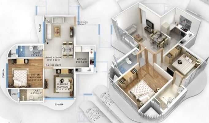 Floor plan of 3 BHK 864 Sq. Ft. Apartment in Triveni Contour, Mumbai