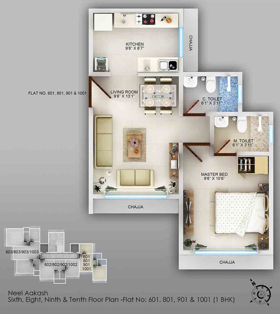 Floor plan of 1 BHK 310 Sq. Ft. Apartment in Triveni Neel Akash, Mumbai