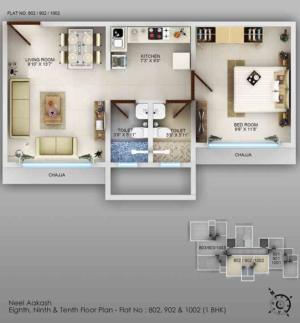 Floor plan of 1 BHK 355 Sq. Ft. Apartment in Triveni Neel Akash, Mumbai