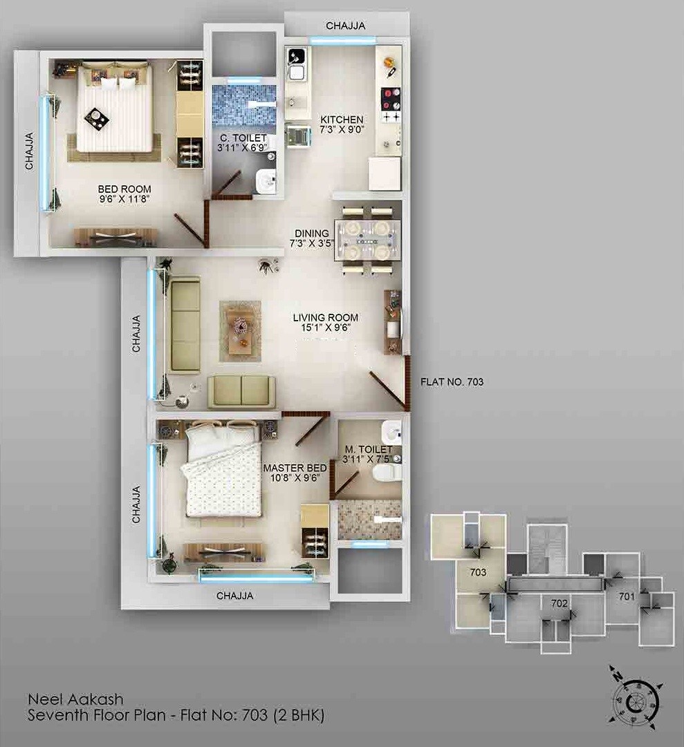 Floor plan of 2 BHK 462 Sq. Ft. Apartment in Triveni Neel Akash, Mumbai