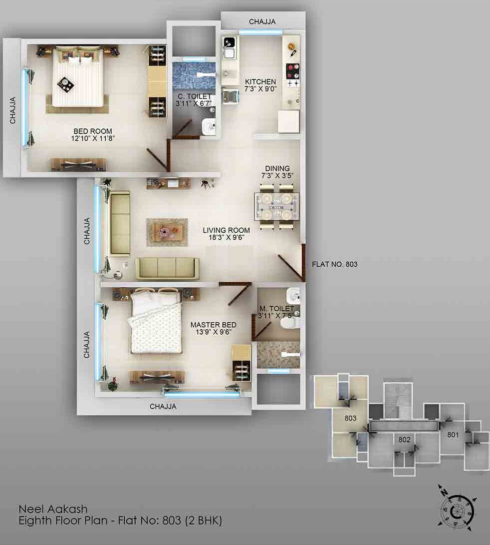 Floor plan of 2 BHK 523 Sq. Ft. Apartment in Triveni Neel Akash, Mumbai