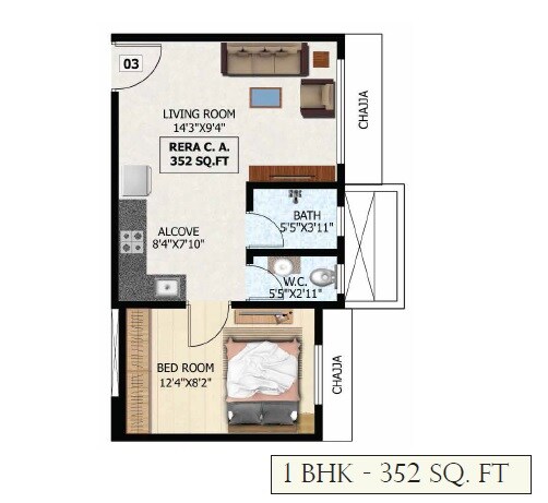 Floor plan of 1 BHK Apartment - 352 sq. ft. in Triveni Rishabraj Classic, Mumbai