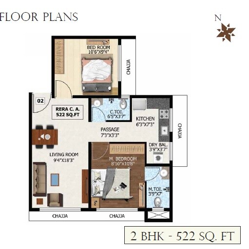 Floor plan of 2 BHK Apartment - 522 sq. ft. in Triveni Rishabraj Classic, Mumbai