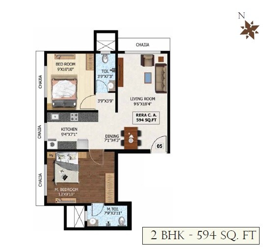 Floor plan of 2 BHK Apartment - 594 sq. ft. in Triveni Rishabraj Classic, Mumbai