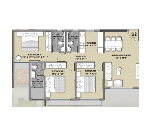 Floor plan of 3 BHK 832 Sq. Ft. Apartment in Tru Spectrum Life, Mumbai