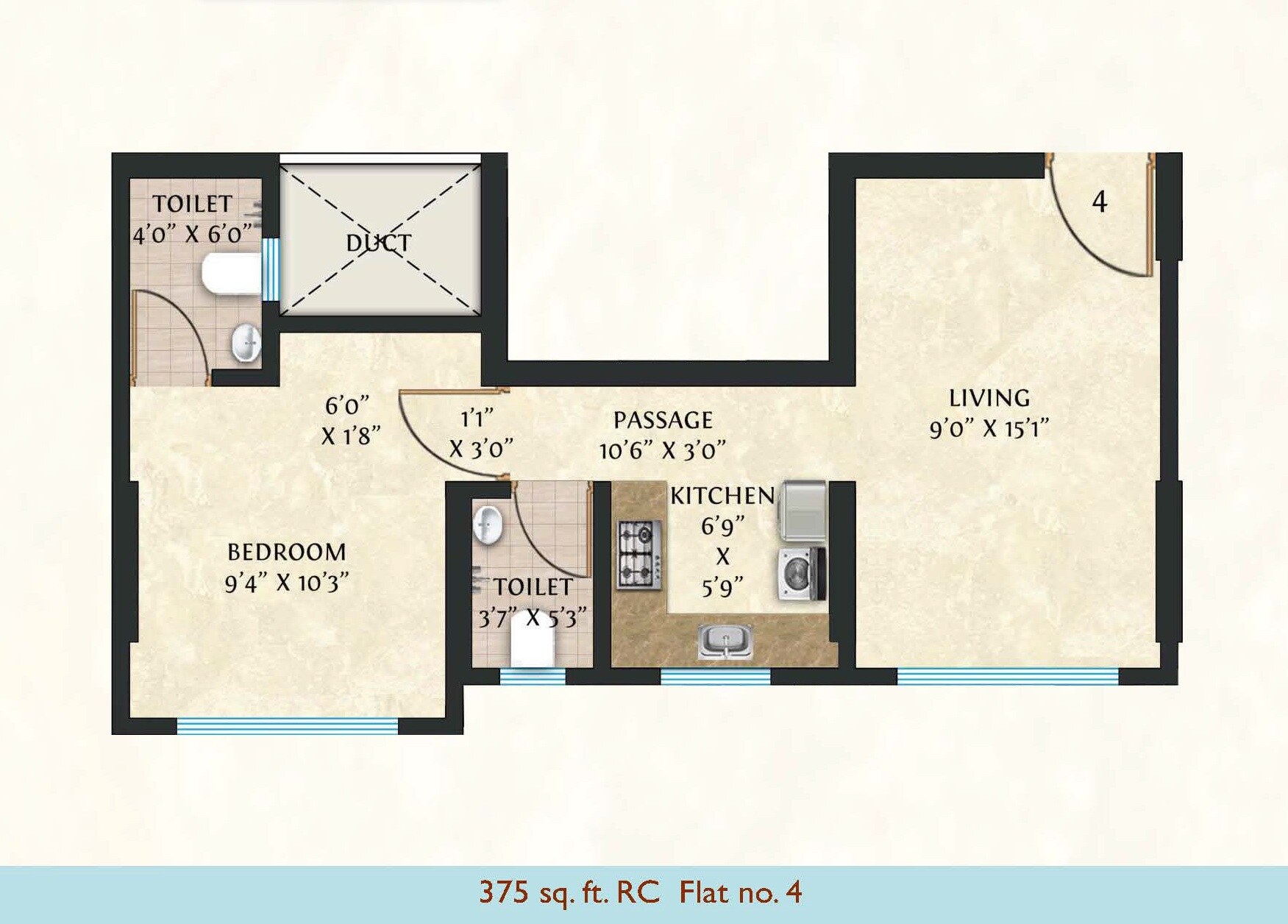 Floor plan of 1 BHK 375 Sq. Ft. Apartment in Truearth Vedaa, Mumbai