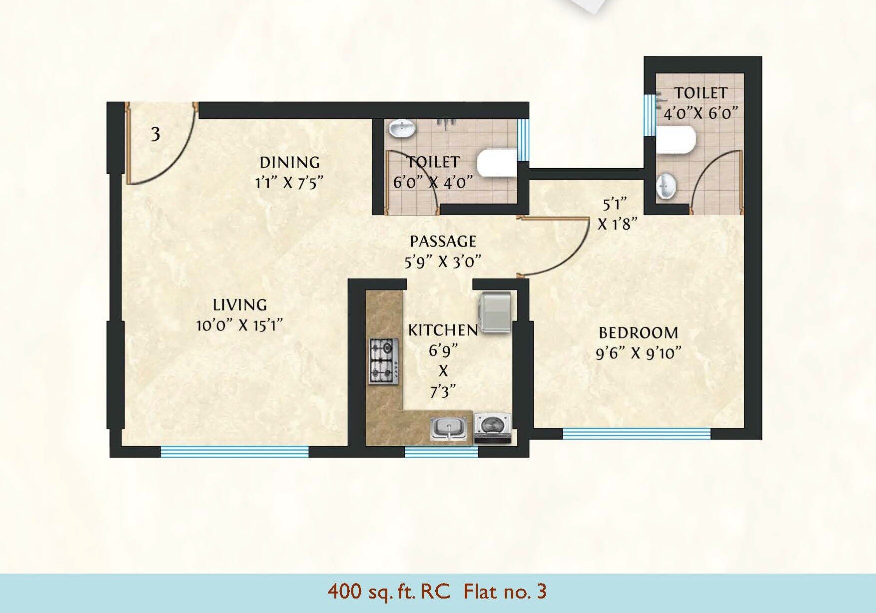Floor plan of 1 BHK 400 Sq. Ft. Apartment in Truearth Vedaa, Mumbai