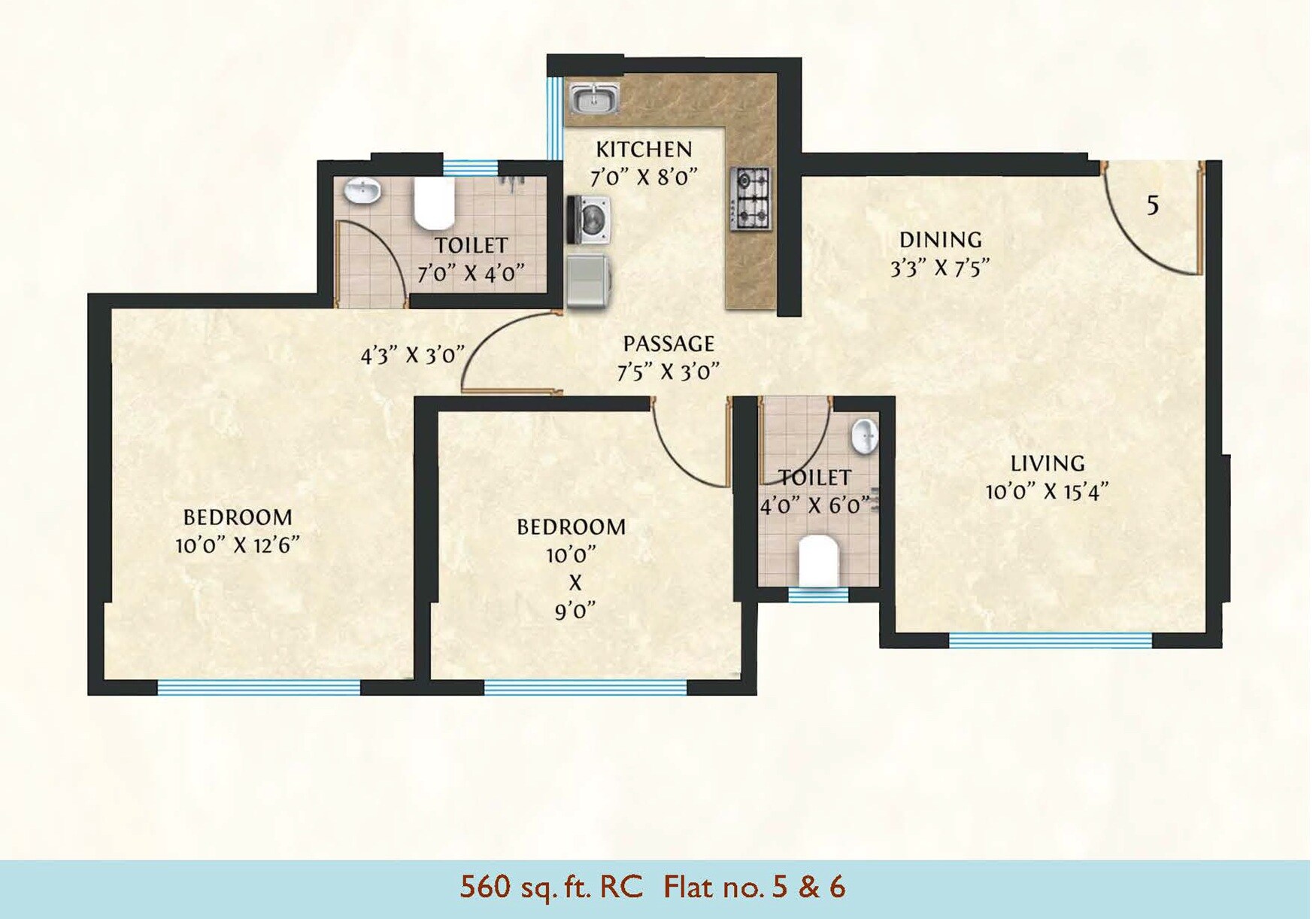 Floor plan of 2 BHK 560 Sq. Ft. Apartment in Truearth Vedaa, Mumbai