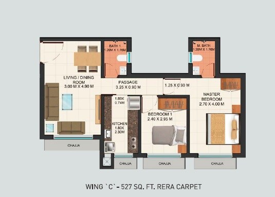 Floor plan of 2 BHK 527 Sq. Ft. Apartment in Truearth View, Mumbai