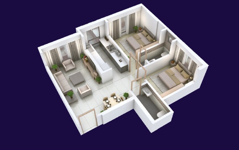Floor plan of 2 BHK 636 Sq. Ft. Apartment in UCC Aadityaraj Star, Mumbai