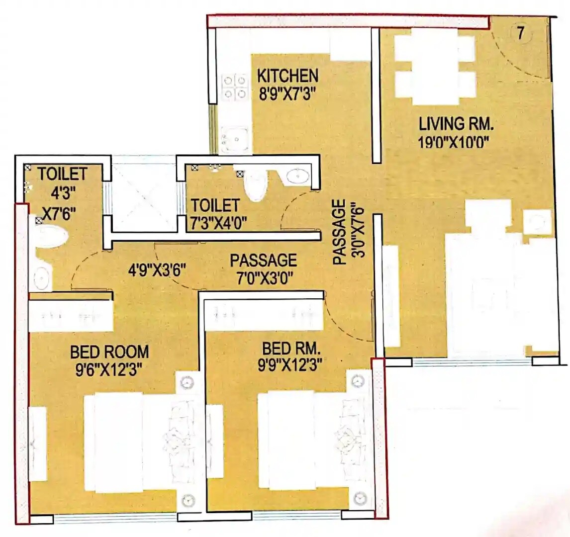 Floor plan of 2 BHK 575 Sq. Ft. Apartment in Ufasa Fortune Star, Mumbai