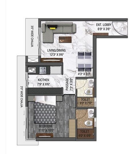Floor plan of 1 BHK 395 Sq. Ft. Apartment in UK Iridium, Mumbai
