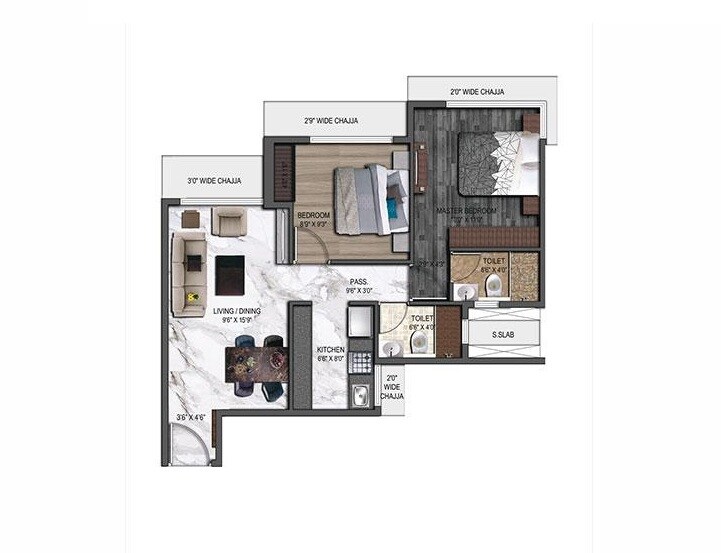 Floor plan of 2 BHK 521 Sq. Ft. Apartment in UK Iridium, Mumbai