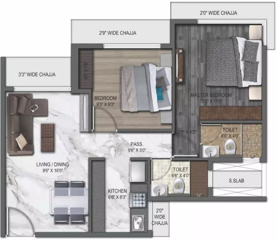 Floor plan of 2 BHK 544 Sq. Ft. Apartment in UK Iridium, Mumbai