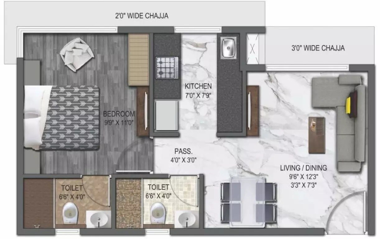 Floor plan of 1 BHK 395 Sq. Ft. Apartment in UK Iridium Tower 2, Mumbai