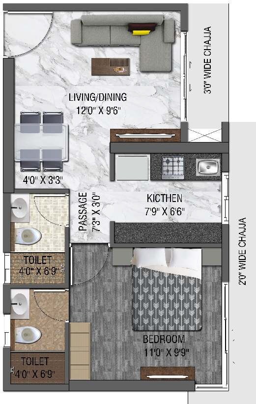 Floor plan of 1 BHK 381 Sq. Ft. Apartment in UK Iridium Tower 2, Mumbai