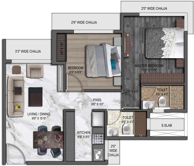 Floor plan of 2 BHK 521 Sq. Ft. Apartment in UK Iridium Tower 2, Mumbai