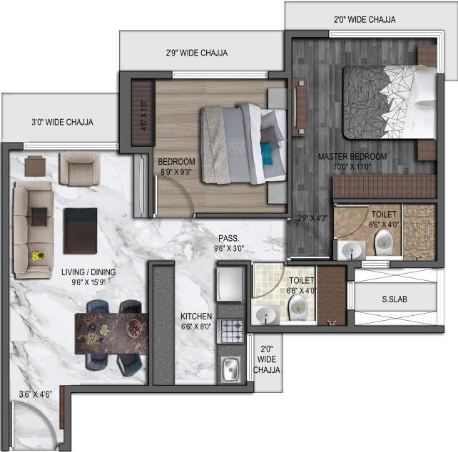 Floor plan of 2 BHK 544 Sq. Ft. Apartment in UK Iridium Tower 2, Mumbai