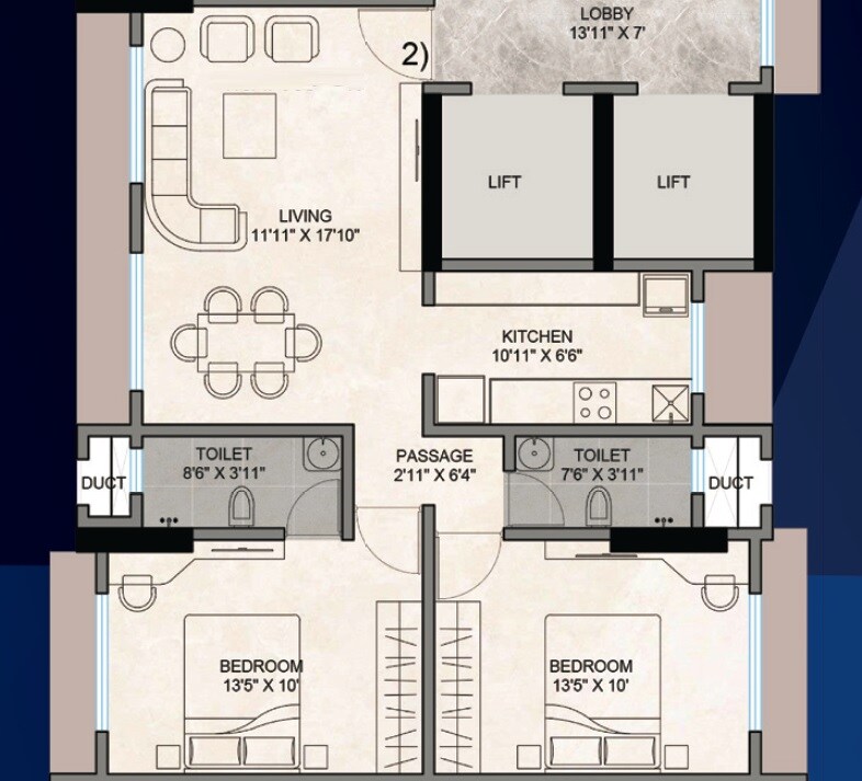 Floor plan of 2 BHK 681 Sq. Ft. Apartment in Umang Shastri Nagar West View CHS, Mumbai