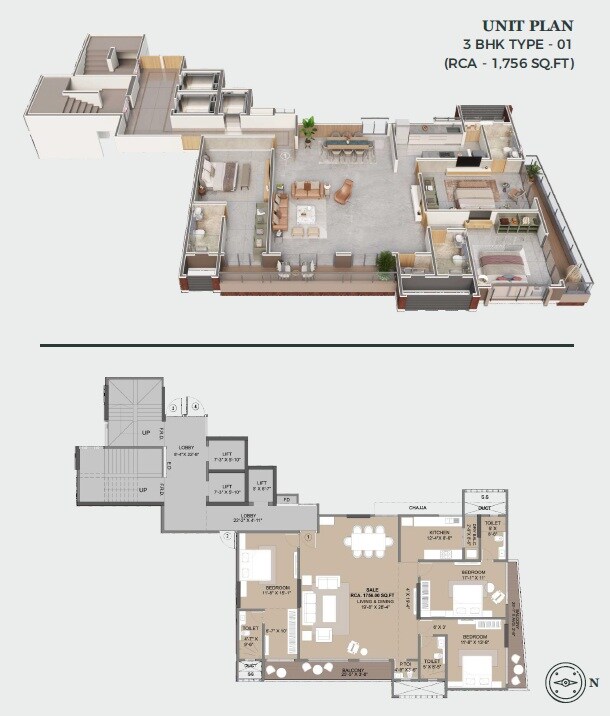 Floor plan of 3 BHK 1756 Sq. Ft. Apartment in Ummang 45th Marine, Mumbai