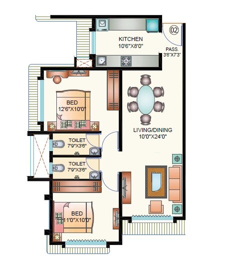 Floor plan of 2 BHK 522 Sq. Ft. Apartment in Unique Abode, Mumbai