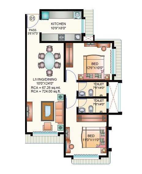 Floor plan of 2 BHK 724 Sq. Ft. Apartment in Unique Abode, Mumbai