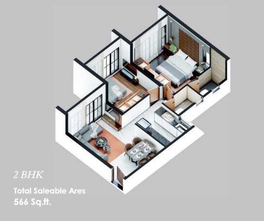 Floor plan of 2 BHK 566 Sq. Ft. Apartment in Unique One Jogeshwari, Mumbai