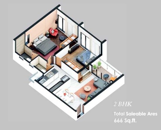 Floor plan of 2 BHK 666 Sq. Ft. Apartment in Unique One Jogeshwari, Mumbai