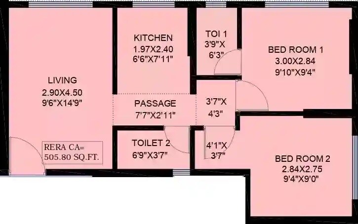 Floor plan of 2 BHK 506 Sq. Ft. Apartment in Unique Prestige, Mumbai