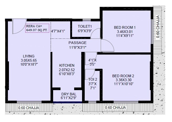 Floor plan of 2 BHK 649 Sq. Ft. Apartment in Unique Prestige, Mumbai