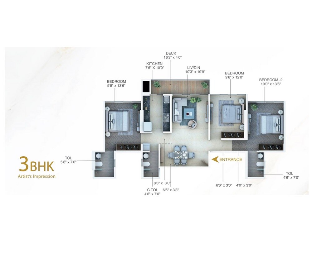 Floor plan of 3 BHK 963 Sq. Ft. Apartment in Unique Regalia, Mumbai