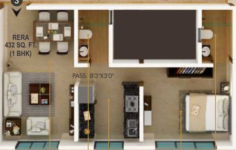 Floor plan of 1 BHK 432 Sq. Ft. Apartment in Unique Serenity, Mumbai