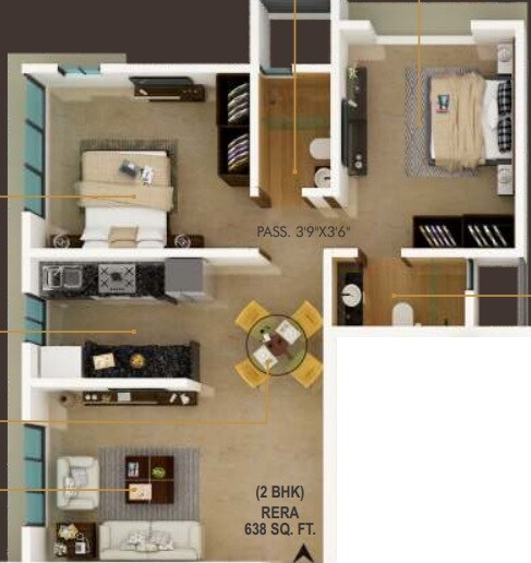 Floor plan of 2 BHK 638 Sq. Ft. Apartment in Unique Serenity, Mumbai