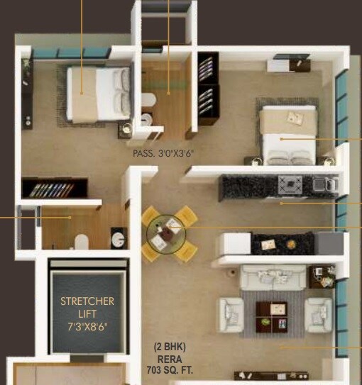 Floor plan of 2 BHK 703 Sq. Ft. Apartment in Unique Serenity, Mumbai