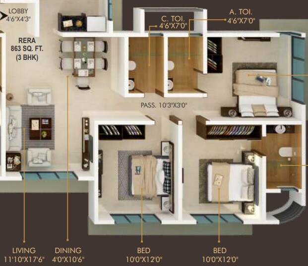 Floor plan of 3 BHK 863 Sq. Ft. Apartment in Unique Serenity, Mumbai