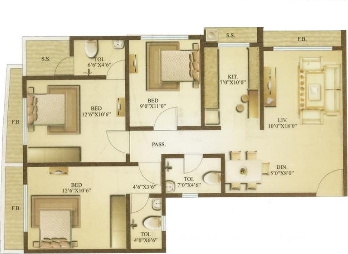 Rental 3 Bedroom 838 Sq.Ft. Apartment in Unique Shanti Poonam Estate