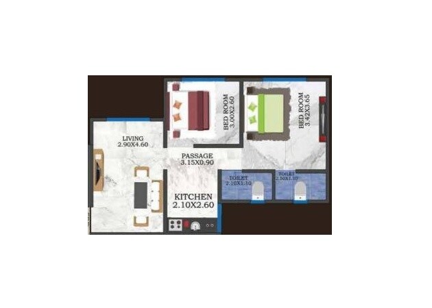 Floor plan of 2 BHK 531 Sq. Ft. Apartment in Unique Tower Vikhroli, Mumbai