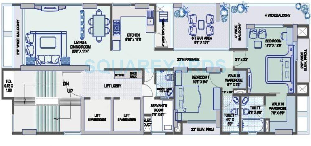 Floor plan of 2 BHK 1420 Sq. Ft. Apartment in Unitech Ascot, Mumbai