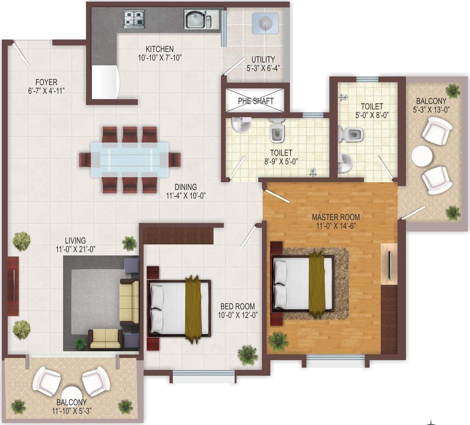 Floor plan of 2 BHK 1100 Sq. Ft. Apartment in Unitech Woodside, Mumbai