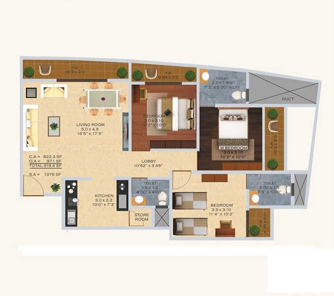 Floor plan of 3 BHK 1600 Sq. Ft. Apartment in Unitech Woodside, Mumbai