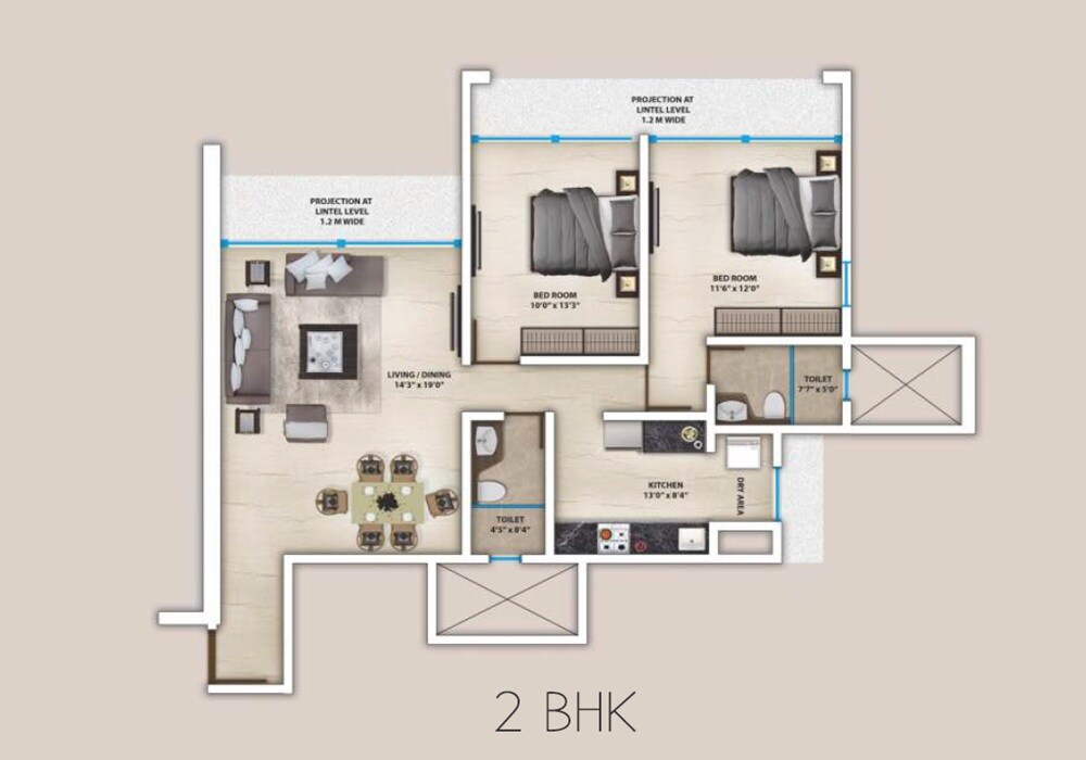 Floor plan of 2 BHK Apartment - 531 sq. ft. in United The Solus, Mumbai